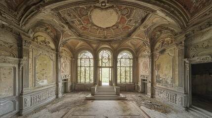 Fototapeta premium Majestic interior of a decaying grand hall.
