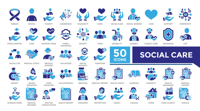 Social care icon solid two color set collection. This set includes charity,solidarity,community,public service,disability,elderly and more icons in solid style. Vector icons collection for infographic - Powered by Adobe
