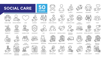 Social care lineal icon set collection. This set includes charity, solidarity, community, public service, disability, elderly and more icons in lineal style. Vector icons collection for infographics