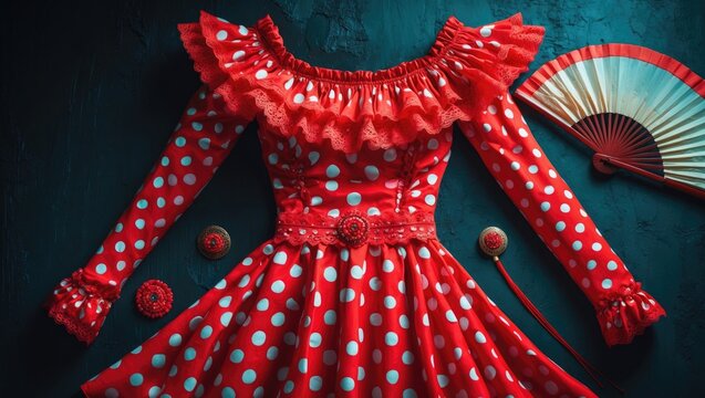 Traditional flamenco dress for doll with fan and castanets on a black cement background, top view with space for additional content