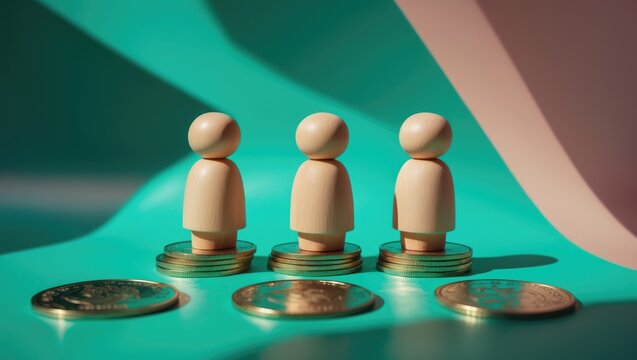 Financial equality depicted by wooden figures with stacked coins on a colorful background