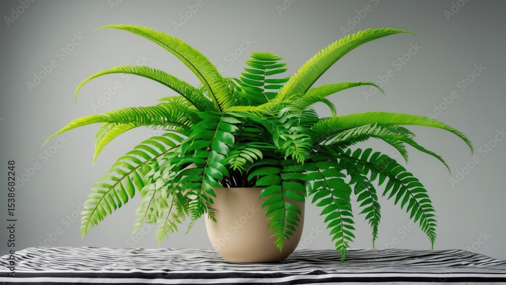 Aufkleber front view of bird's nest fern or asplenium antiguum in a plant pot placed on a table with a striped