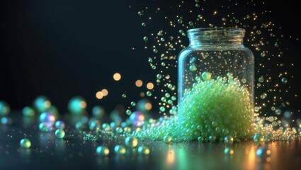 Fireflies captured inside a glass jar against a dark background.