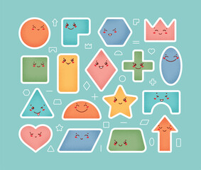 Colorful Cute Geometric Shapes Vector Sticker Set, Variety of Happy Kawaii Faces, Fun Educational Design for Preschool, Back to School, Kids Learning
