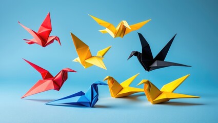 Five paper origami pigeons in different colors on a light blue background flying to the left.