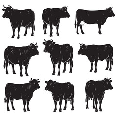 Set of Nine Cow Silhouette Illustrations in Minimalist Black and White Style Perfect for Rural Farm and Livestock Branding