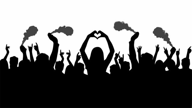 Silhouette of crowd at concert with raised hands smoke and heart shape made with hands in monochrome style | eps vectors
