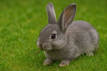 Fototapeta premium Adorable grey bunny resting on lush grass while nibbling on pine needles