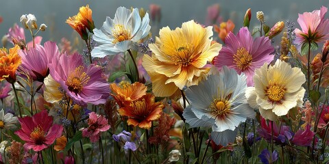 Colorful wildflower field in full bloom during a sunny afternoon in spring