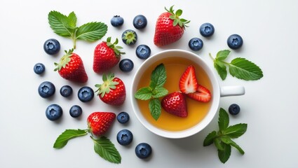 A collection of herbal infusions featuring tea, berries, and fresh mint on a plain white backdrop. Repeating pattern with unique packaging visuals.