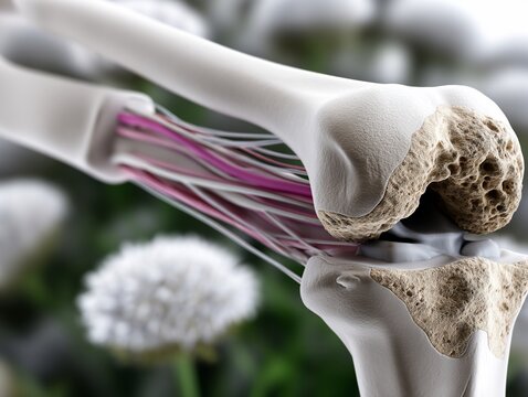 Detailed anatomical illustration of a human knee joint, highlighting bones and ligaments
