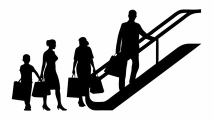 Silhouette of family shopping on escalator with shopping bags in black and white illustration | eps vectors