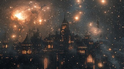 Obraz premium A magnificent gothic castle nestled amongst cosmic light.