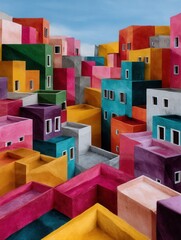 Obraz premium Colorful Abstract Architecture of Small Cubic Buildings with Bright Facades and Multiple Windows Under Blue Sky