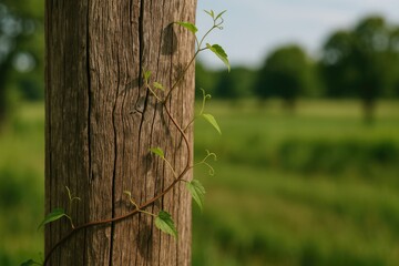 Obraz premium Detailed Close-Up of an Aged Wooden Post Adorned with a Delicate Vining Plant