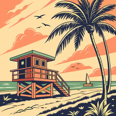 Obraz premium Tropical beach sunset with palm trees and ocean view