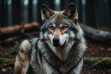 Fototapeta premium Gray Wolf Close-up Portrait in a Forest Environment with Detailed Fur