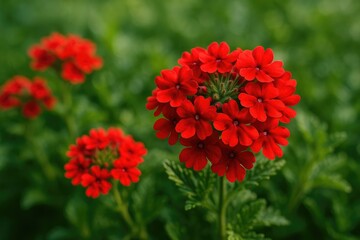 A stunning macro shot showcasing a bunch of bright red blossoms surrounded by rich green leaves