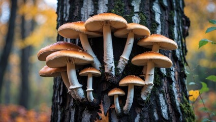 Cluster of bracket fungi growing on a tree trunk