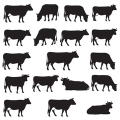 Silhouettes of Nine Dairy Cows in Traditional Farming Style for Clean Eco Branding and Agriculture Related Iconography