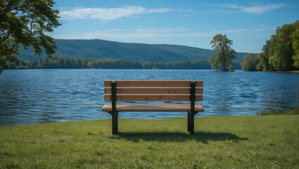 Fototapeta premium A wooden seat situated on a grassy area beside a tranquil lake