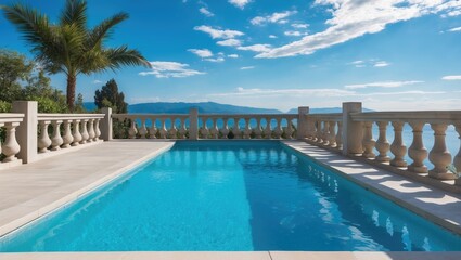 Stunning perspective of a pool adjacent to a terrace featuring concrete balustrades
