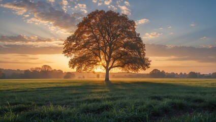 Fototapeta premium Stunning sunrise scene featuring a solitary tree in a vast field