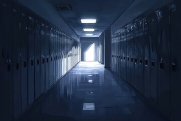 Mysterious Hallway: Darkly Lit Corridor Leading to a Bright Exit Amidst Lockers