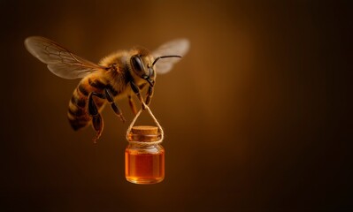 Flying bee carrying honey jar on brown background