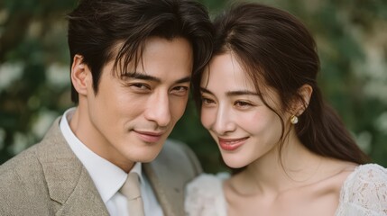 Romantic portrait of a smiling couple with soft, natural light showcasing love and connection in an outdoor setting