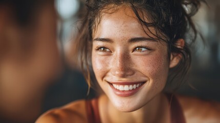 Smiling young woman with freckles and natural beauty in a relaxed environment, showcasing joy and warmth in her expression