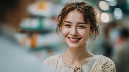 Warm and Cheerful Young Woman Smiling Brightly in a Modern Store Environment with Soft Blurred Background