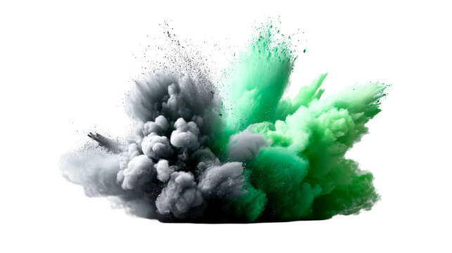 Colorful green and gray smoke explosion on transparent background