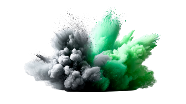 Colorful green and gray smoke explosion on transparent background