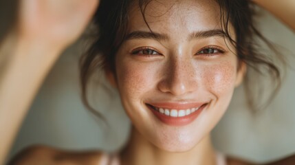 Radiant young woman with fresh complexion, natural makeup, and joyful expression against a soft background