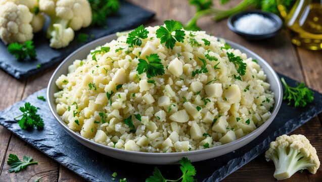 Cauliflower rice or couscous combined with chopped parsley in a black bowl placed on an old rustic table with ingredients on a cutting board, horizontal top-down view, close-up, flatlay