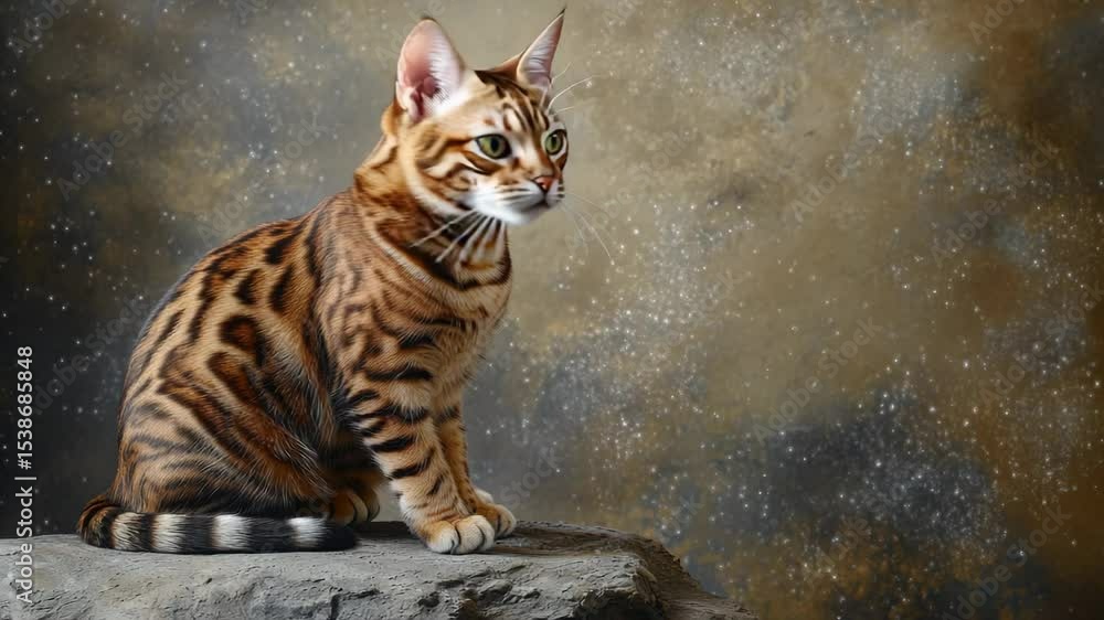 Poster a cat sitting on the top of a rock with serene expression