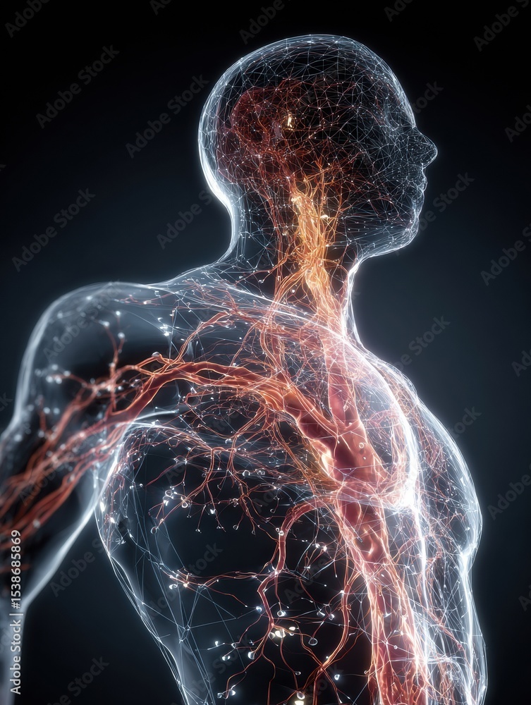 Aufkleber Stylized Wireframe Depiction of a Human Body With Highlighted Nervous System Showing Intricate Neural Pathways