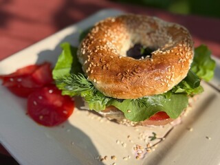 Delicious hamburger with  bagel bread 