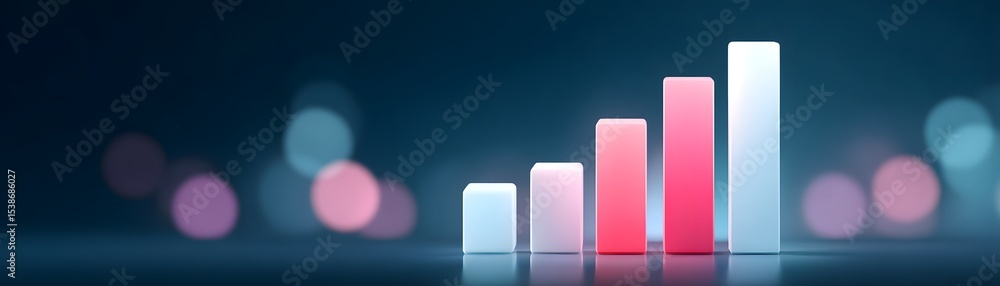 Poster a glowing bar chart with ascending bars in red and white on a dark blue background with bokeh lights