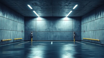 Empty underground parking garage, illuminated by cool LED lights