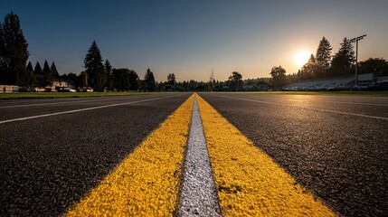 Wide-angle shot of a paved track at sunrise.  Yellow and white lines center the image, leading to a horizon of trees, buildings, and a distant sun