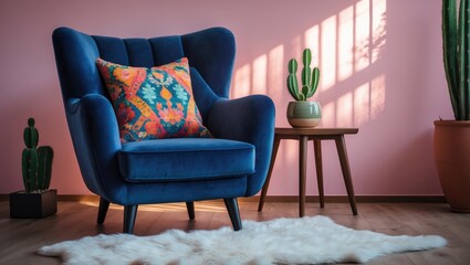 Modern pink armchair and wooden table with colorful potted plant in a minimalist home space