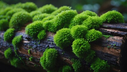 Wooden background featuring lush green moss