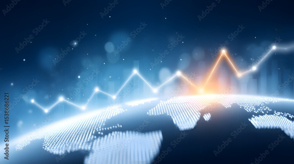 Poster a digital globe with illuminated data points and a glowing, upward-trending financial graph overlay 