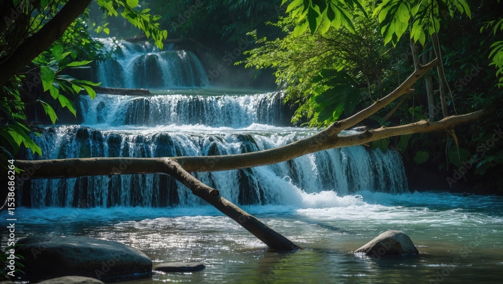 Poster a flowing stream of water passes over a log, with trees in the background. the setting is tranquil a
