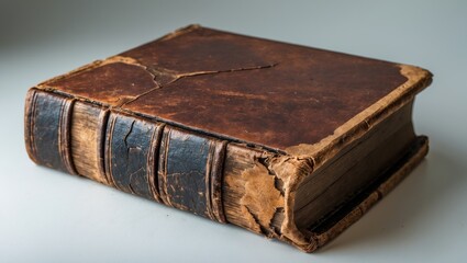 Obraz premium Ancient worn-out book featuring a deteriorated leather cover, noticeable cracks, and faded details, with an aged, weathered, and vintage look that evokes history and mystery