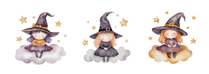 Little witch sits on cloud among stars. Children's watercolor illustration set of cute halloween character with closed eyes and smile. Isolated clipart with clear even edge on transparent background