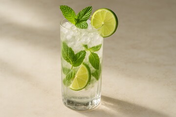 Close-up of a refreshing mojito cocktail in a tall glass, with fresh mint leaves, lime slices, and ice cubes, isolated on a light beige background.