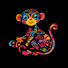 Colorful ornamental monkey on black background. Floral pattern and ethnic ornament concept. For Chinese zodiac symbol. Folk art illustration for poster, print, design